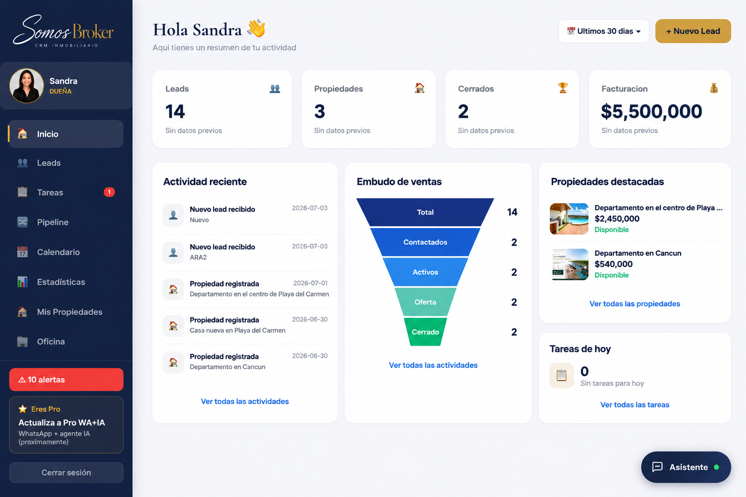 Vista previa del dashboard de Somos Broker CRM