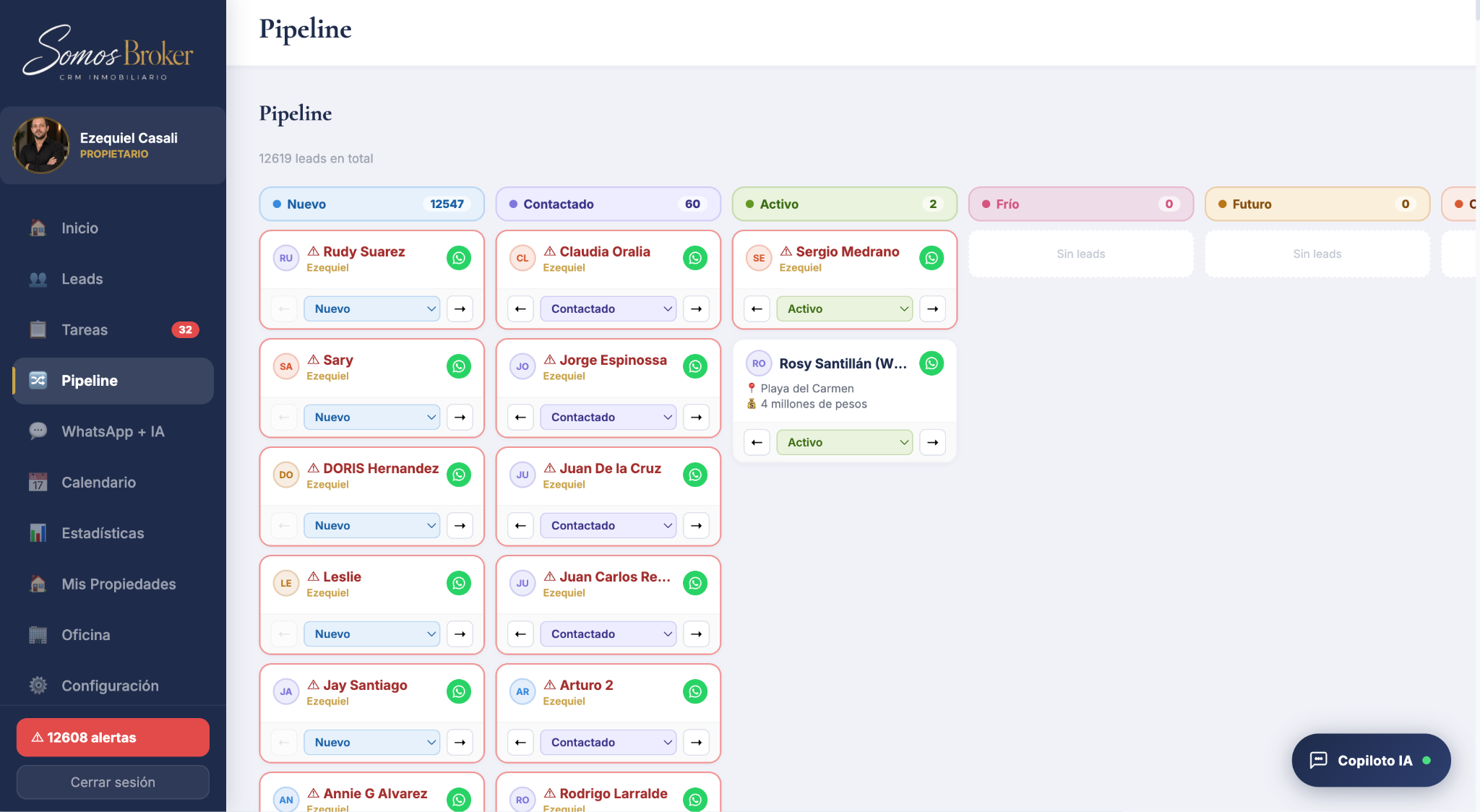 Pipeline de ventas del CRM inmobiliario Somos Broker